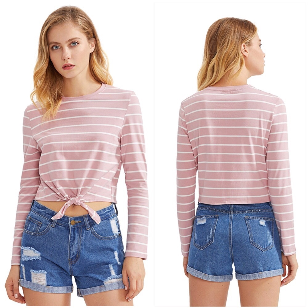 NEW Pink and White Knot Front Crop Top Long Sleeve